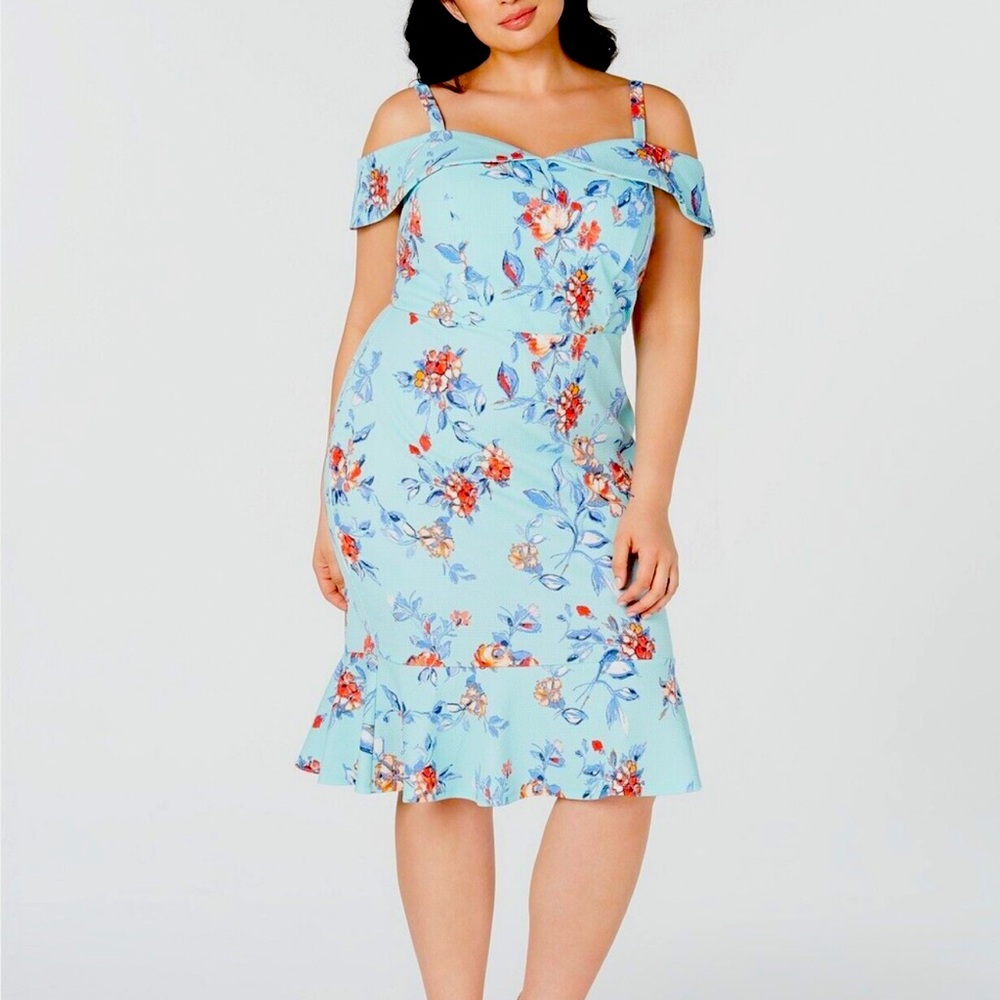 Love Squared Dress Off the Shoulder Midi Floral Blue Plus Size 2X NWT